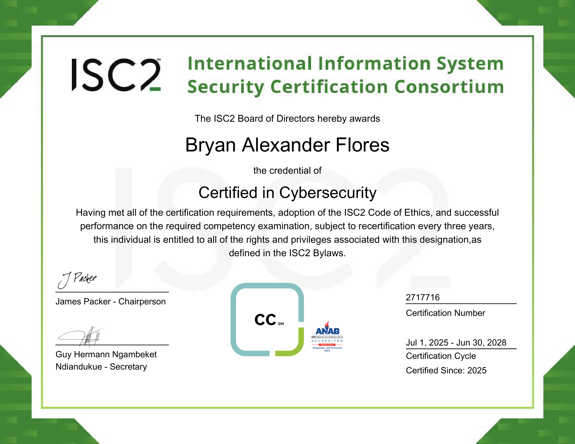 ISC2 Certified in Cybersecurity Certificate