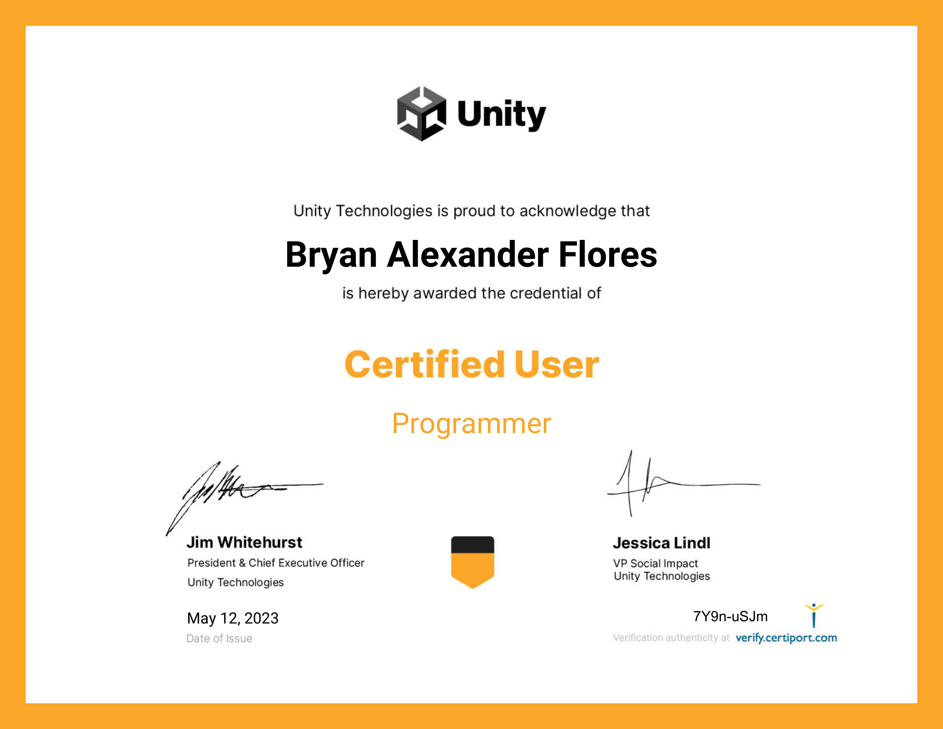 Unity Certified User: Programmer Certificate
